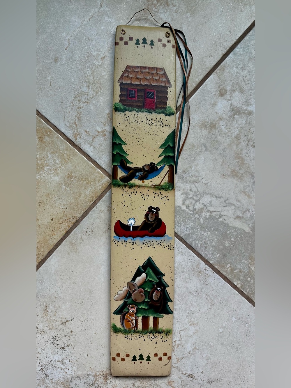 Hand painted Wooden Wall Hanging Folk Art, Toll Painting Cabin, Rustic Decor.